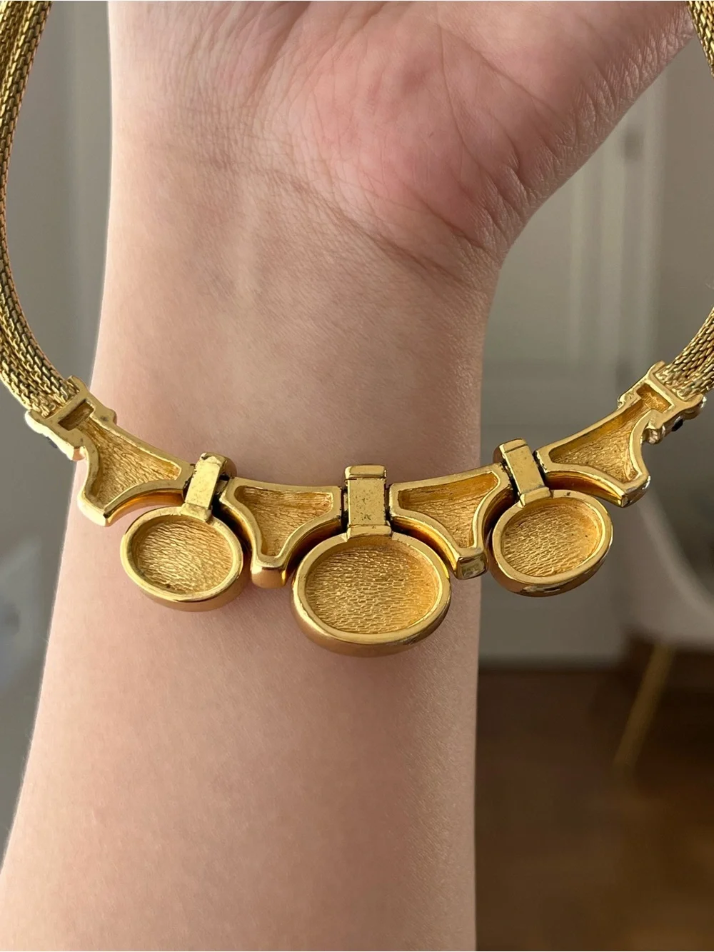 Authentic Vintage Dior Oval Pearl Cabochon Blue Stone Mesh Gold Bib Necklace